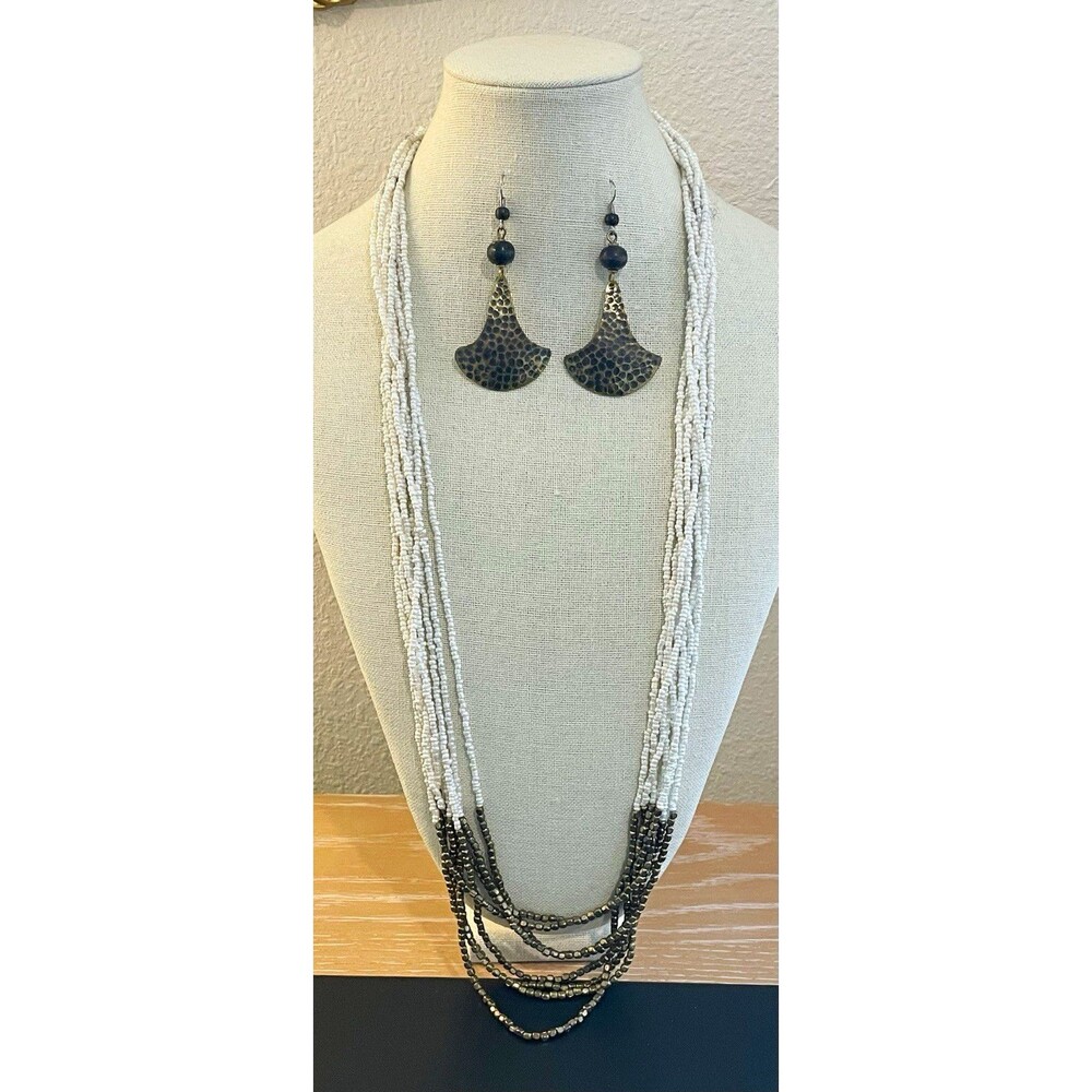 White & Bronze Seed Bead Multi-Strand Adjustable Necklace & Drop Earrings
